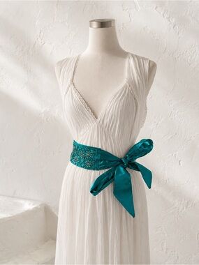 Vintage Teal Embellished Satin Tie Belt Fairycore Cottagecore S/M